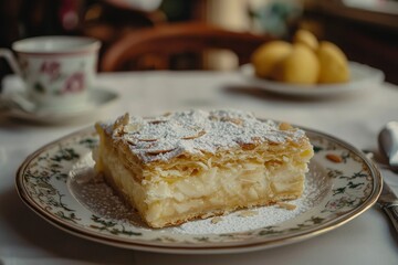 A slice of almond and custard pastry dusted with powdered sugar.