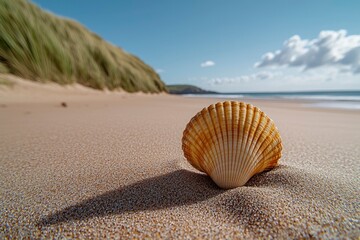 Obraz premium A Single Seashell on a Sandy Beach Under a Clear Sky