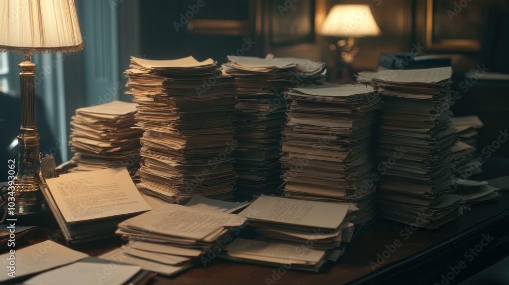 Poster stacks of papers on a desk with a lamp in the background