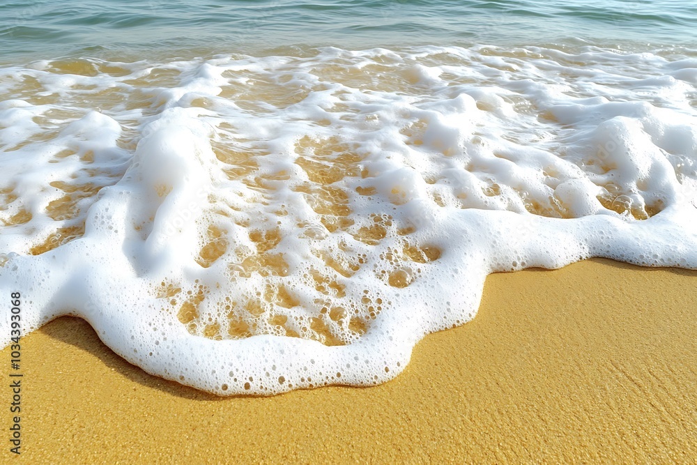 Wall mural a gentle wave receding back into the ocean leaving behind bubbles and foam patterns on the golden sa