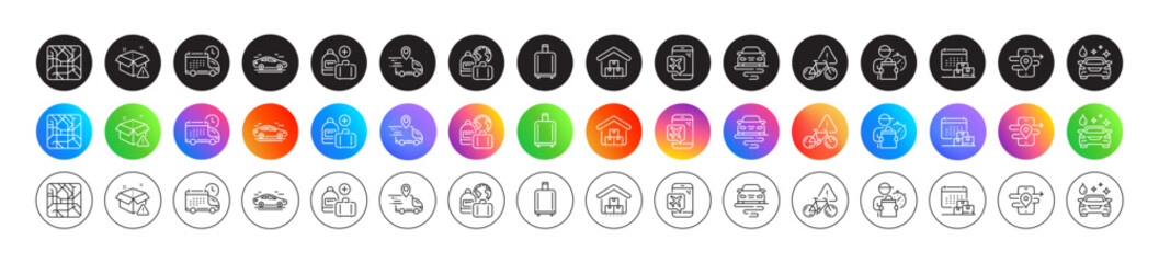 Baggage reclaim, Route and Car wash line icons. Round icon gradient buttons. Pack of Add handbag, Flight mode, Gps icon. Storage, Bike attention, Delivery truck pictogram. Vector