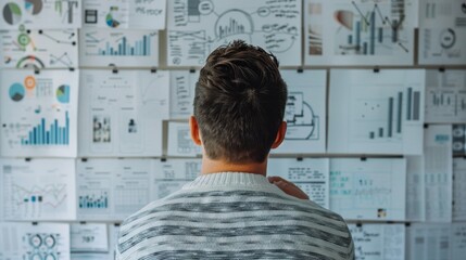 Naklejka premium Man Studying Data on a Wall of Charts