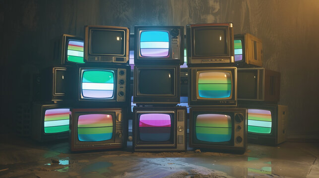 Tower of vintage retro televisions with static screens, nostalgic display of old TV sets showcasing vintage technology and retro aesthetics.