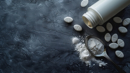 Spilled white tablets and powdered medication with spoon, healthcare and pharmaceutical concept, closeup on dark textured background highlighting supplements.