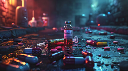 Fentanyl bottle with syringe and scattered pills, gritty overdose concept in dark environment highlighting the dangers of opioid abuse.