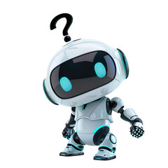 Cute Ai Robot, confused question on the head, Bot Assistant isolated on a white background.