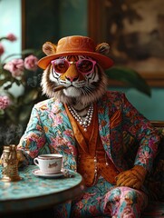 A businesslike colorful anthropomorphic tiger in a bright suit smokes a cigar while sitting at a table