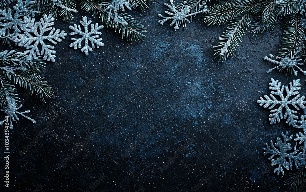 Poster snowflakes and evergreen branches create a winter wonderland backdrop in a dark setting during the f