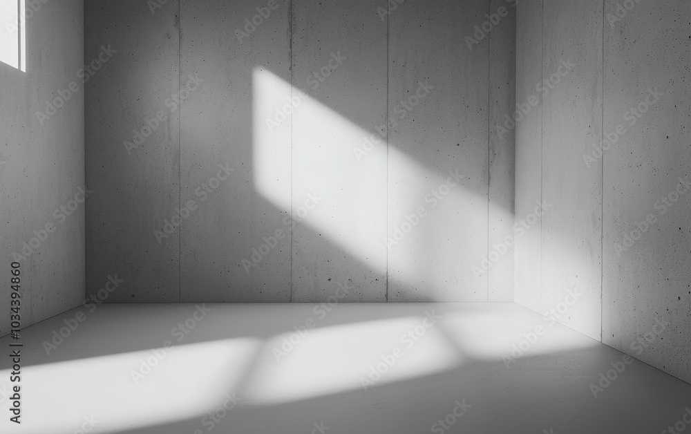 Poster a minimalistic interior space with sunlight streaming through a window and casting shadows on the co