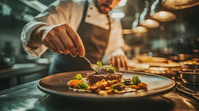 Naklejki Chef Finishing a Delicious Plate of Grilled Steak and Vegetables