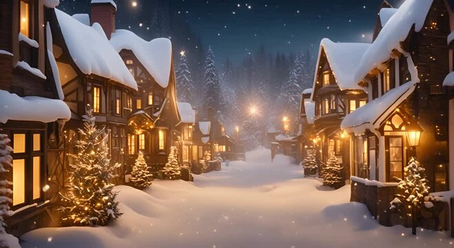 Heaven opening on Christmas night Christmas village in the snow 4K