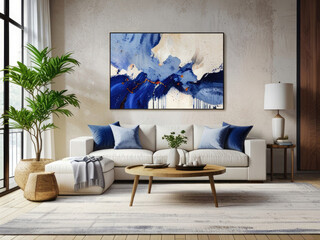 Modern living room interior featuring cozy, plush blue andwhite sofas a wooden side table with decorative items, and minimalist decor. The space is enhanced by a large abstract painting and a soft rug