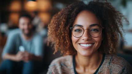 Fototapeta premium A woman with curly hair and glasses smiles brightly in a warm cafe, showcasing her cheerful demeanor while enjoying a social moment with a man in the background.