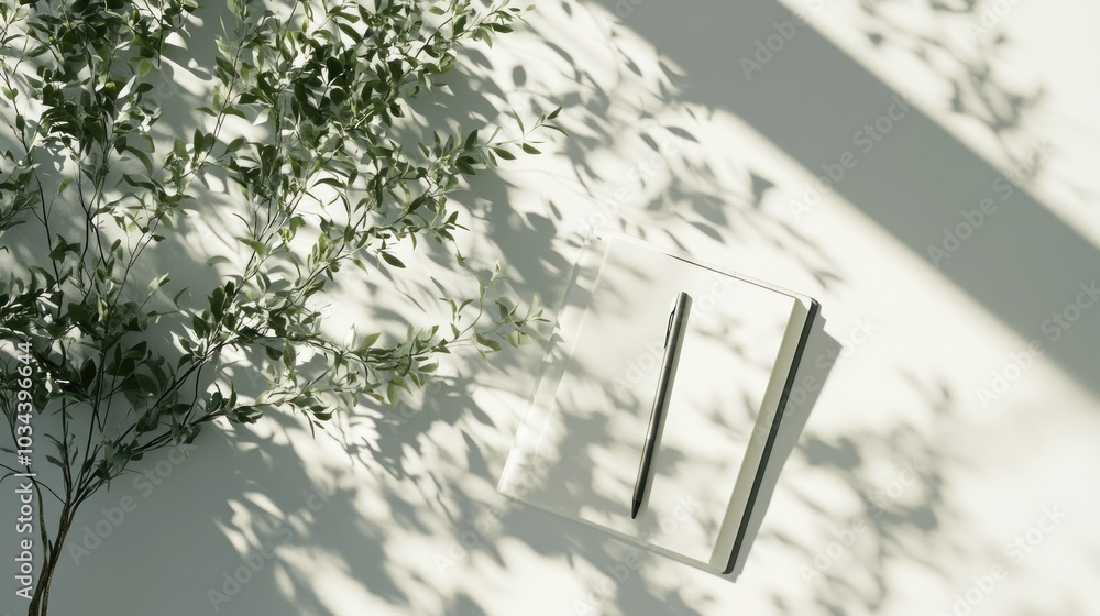 Poster notebook and pen with leaf shadows in sunlight