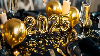 Elegant New Year's Eve party decor featuring gold 2025 balloons, candles, and champagne on a luxurious black and gold-themed table setting