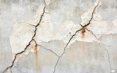 Fototapeta premium Cracked concrete wall with rust stains showing structural damage in an urban setting during daylight hours