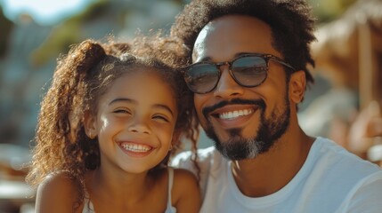 A father and his daughter share a bright day at the beach, smiling widely in the sun. Their bond is evident as they enjoy each other's company in a warm, relaxed atmosphere.