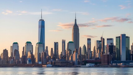 Fototapeta premium A city skyline with a reflection of a building in the water.