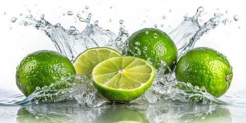 Fresh Limes Splashing in Water on White Background