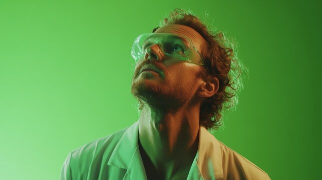 A thoughtful scientist looks upward contemplating with a soft green backdrop enhancing the image.