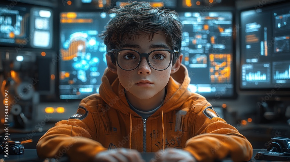 Poster young hacker in a futuristic setting