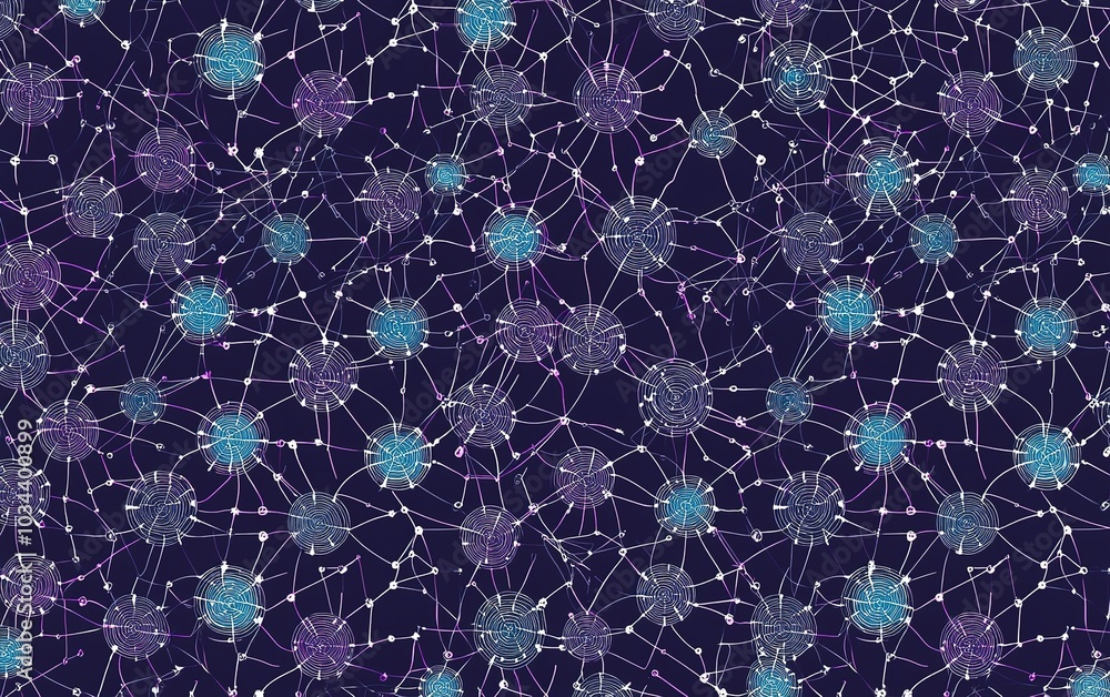 Poster abstract digital network visualization with interconnected nodes on a dark background representing t