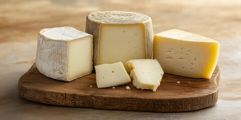 Artisanal cheese selection on rustic wooden board perfect for gourmet food lovers