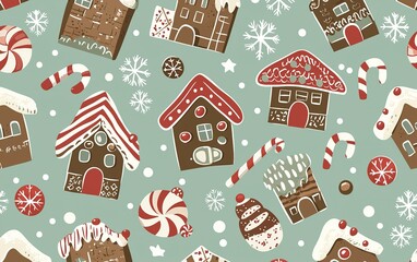Festive gingerbread houses with candy and snowflakes, creating a whimsical holiday atmosphere on a light blue background