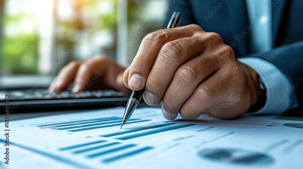 Poster a person focuses on graphs and charts on paper, taking notes with a pen and using a calculator. the 