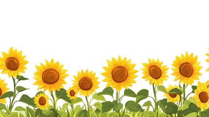 Obraz premium Flat vector illustration of sunflowers growing in rows, against a white background, in a simple and clean style, with bright colors
