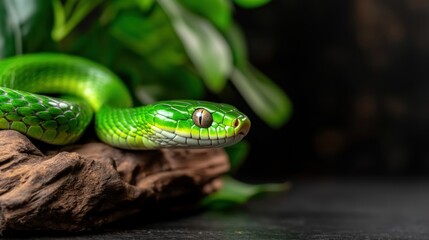 Fototapeta premium The green snake is coiled gently on a rough log, its scales glimmering as it blends into the surrounding leaves, creating a tranquil atmosphere in a serene habitat