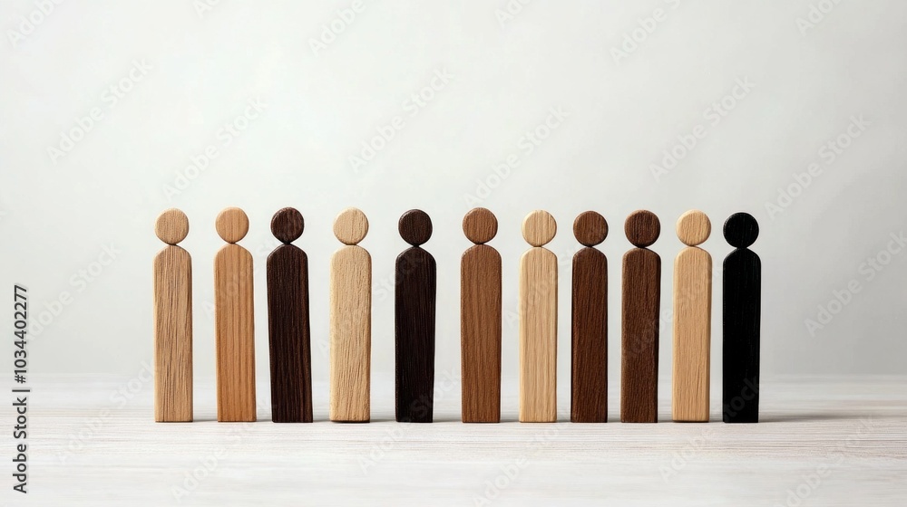 Poster a collection of wooden figures in light and dark shades is arranged in a row on a simple gray backgr
