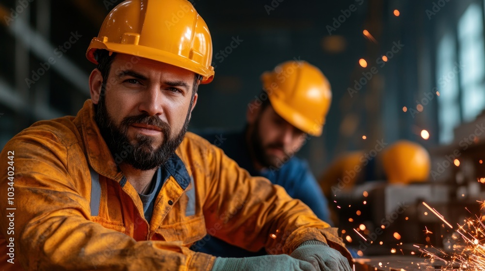 Poster team of workers assembling complex machinery in a factory, illustrating teamwork and precision in in