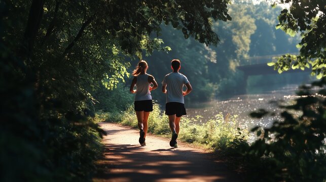 Two joggers running along a serene riverside path surrounded by lush greenery in the early morning light