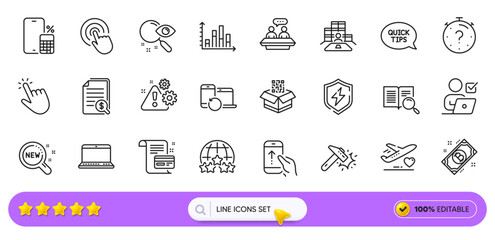 Search text, Diagram graph and Financial documents line icons for web app. Pack of Medical flight, Search, New products pictogram icons. Rating stars, Qr code, Bitcoin signs. Quiz. Search bar. Vector