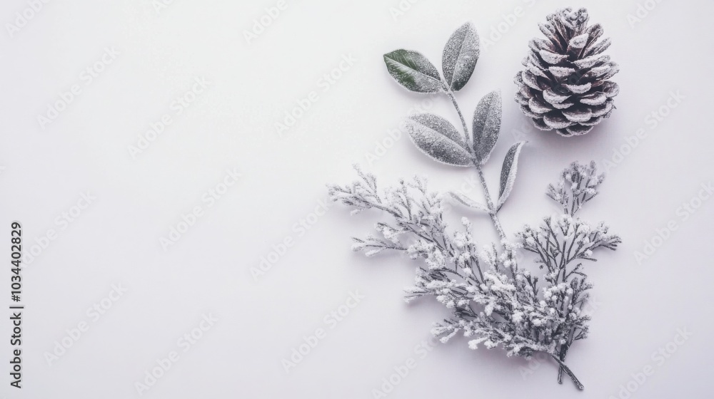 Poster a snowy pine cone and two sprigs of greenery with a white, frosty coating are arranged on a plain wh