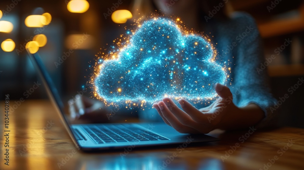 Poster business professional using cloud-based software on a laptop while collaborating with a remote team,