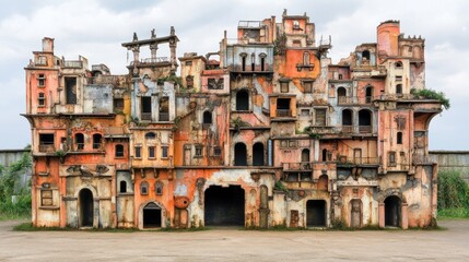 Obraz premium An intricate facade of an abandoned structure features a variety of colors with numerous windows and doors, surrounded by overgrown vegetation under a cloudy sky