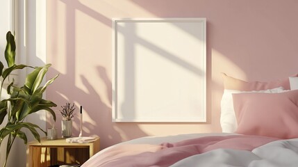 Minimalist bedroom interiors with soft light and natural textures. White frame AI generated image