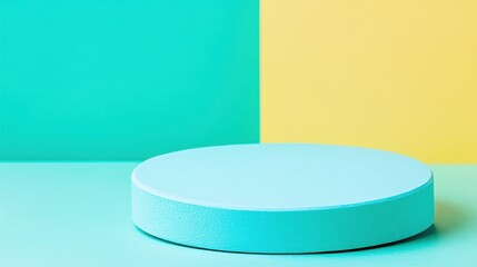 A circular, teal platform sits centered against a split background of vibrant teal and soft yellow