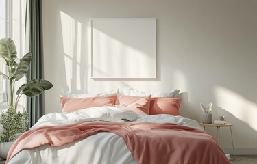 Minimalist bedroom interiors with soft light and natural textures. White frame AI generated image