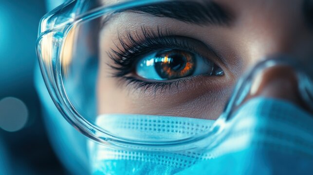 A medical professional is wearing protective eyewear and a face mask, intensely focused on a task, reflecting the dedication and precision required in healthcare during the day