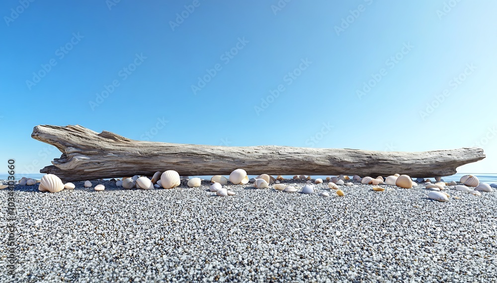 Poster driftwood resting on the shoreline surrounded by tiny seashells and smooth stones under a cloudless 
