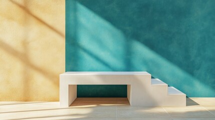 A stylish white bench with adjacent steps contrasts beautifully with yellow and teal walls bathed in sunlight, creating a serene and inviting atmosphere