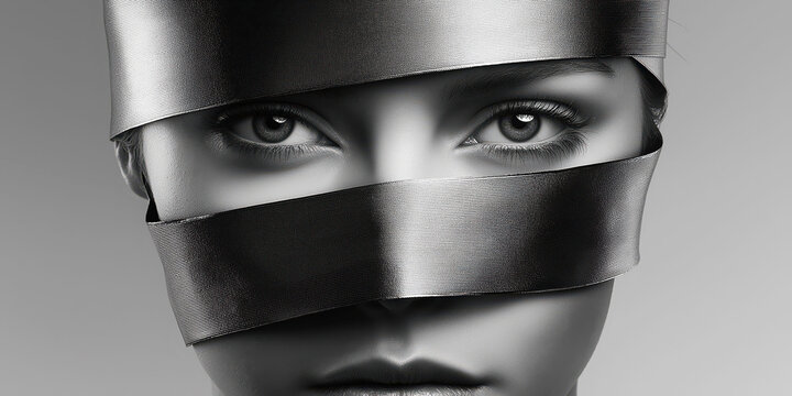 Mysterious beauty: woman's face enveloped in metallic strip for conceptual art portrait