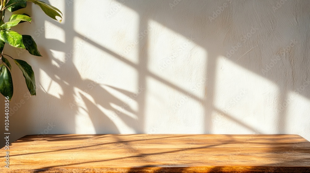 Poster soft sunlight filters through a window, creating beautiful shadows on a wooden table while a green p