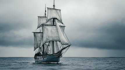 Fototapeta premium A traditional sailing vessel is gracefully moving through still waters, surrounded by a gloomy sky as dusk approaches and clouds gather on the horizon
