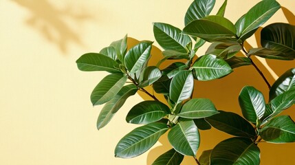 Obraz premium The lush green plant showcases healthy, glossy leaves contrasting beautifully with the cheerful yellow wall, creating a lively indoor ambiance in natural light