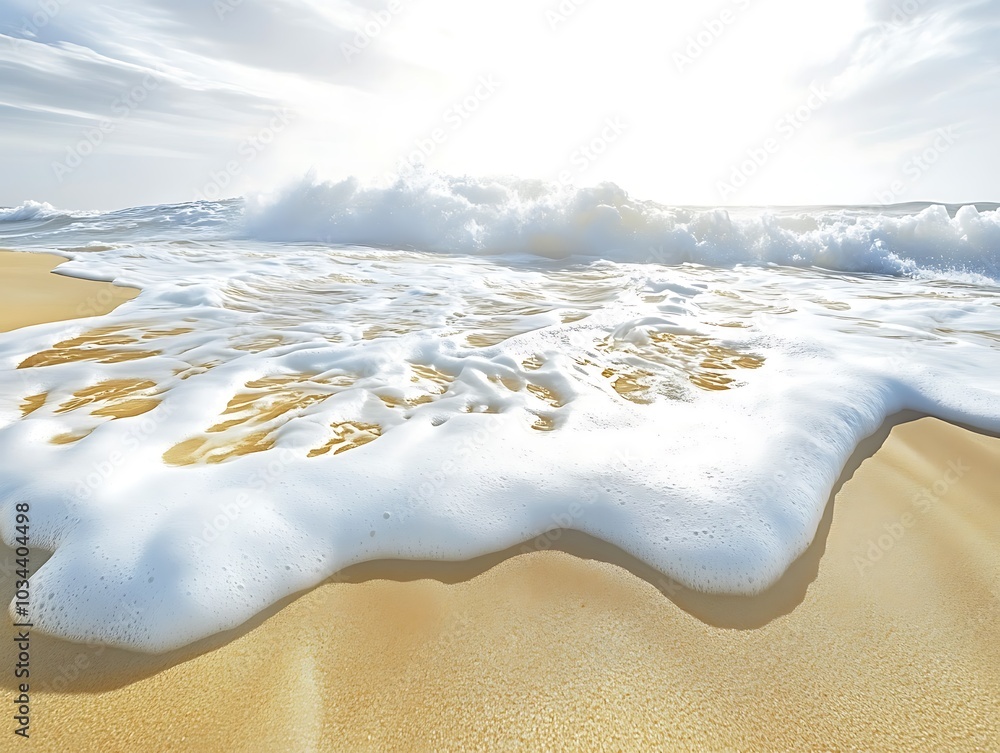Poster ocean waves rolling over smooth golden sand leaving behind intricate patterns in the foam under a br