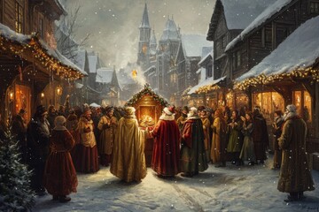 Naklejka premium Snowy winter Christmas market gathering